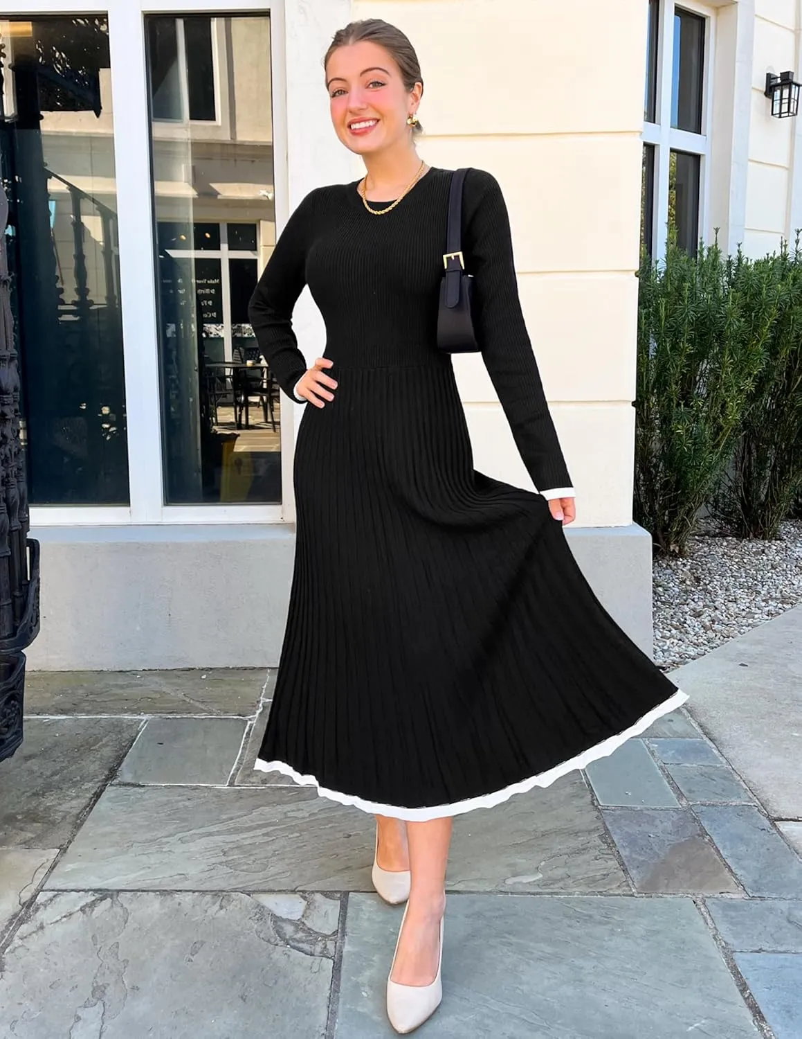 ZESICA Women's Long Sleeve Sweater Dress Fall Crewneck Ribbed Knit Pleated A-Line Maxi Wedding Guest Dresses