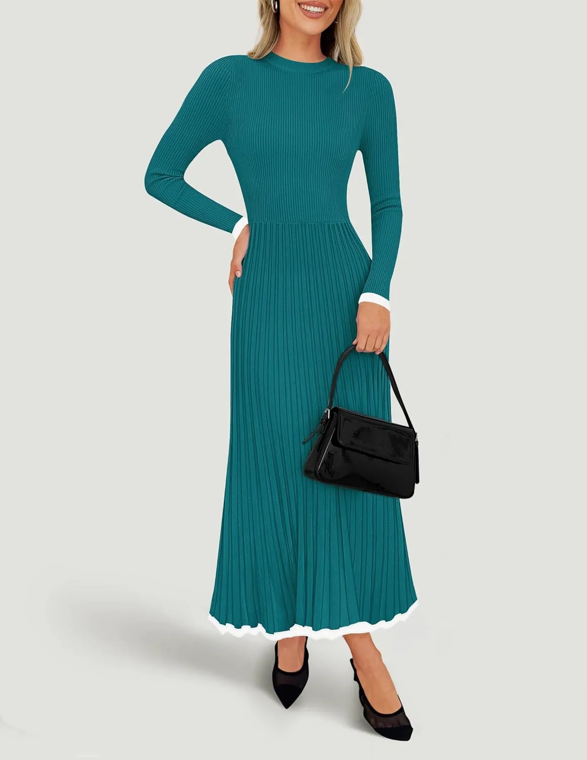 ZESICA Women's Long Sleeve Sweater Dress Fall Crewneck Ribbed Knit Pleated A-Line Maxi Wedding Guest Dresses