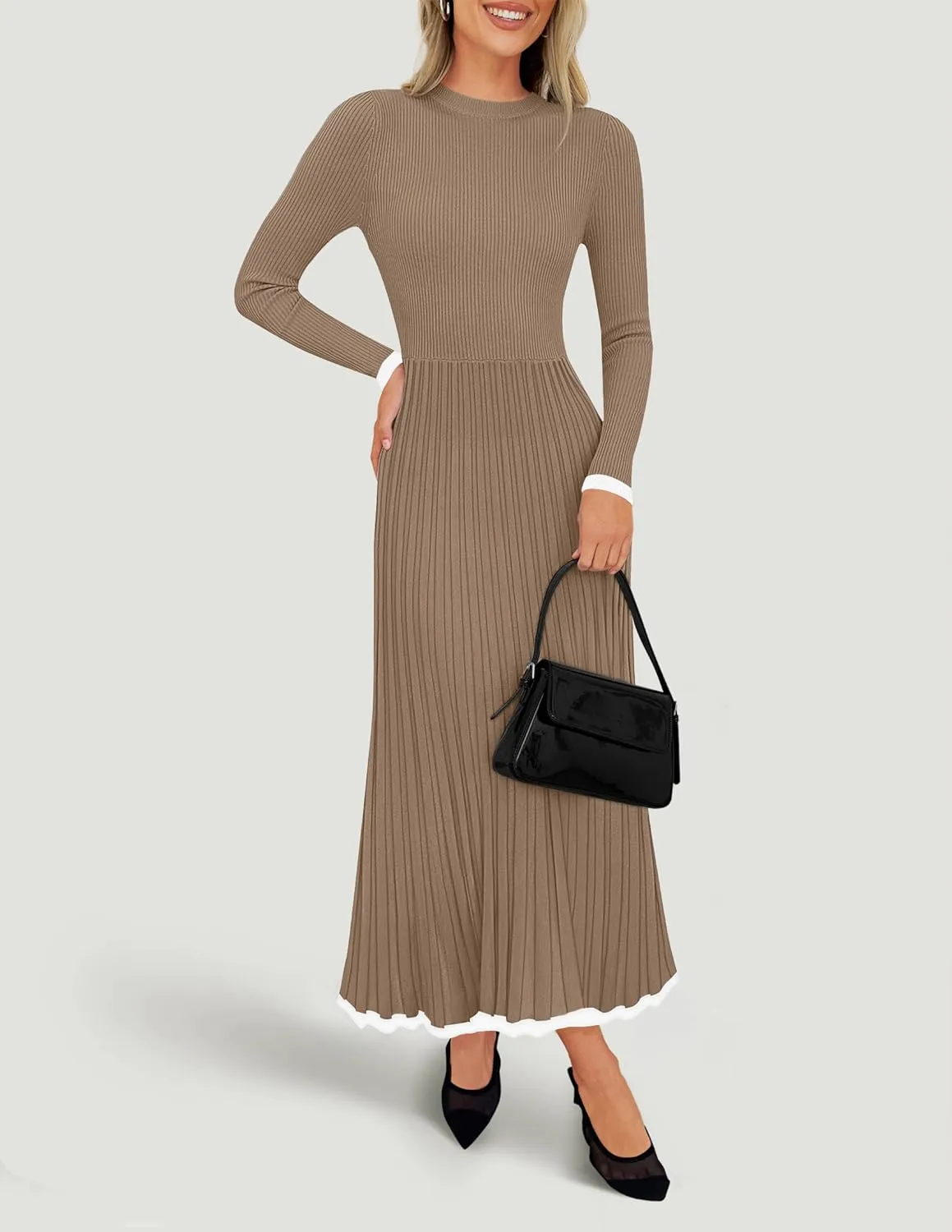 ZESICA Women's Long Sleeve Sweater Dress Fall Crewneck Ribbed Knit Pleated A-Line Maxi Wedding Guest Dresses