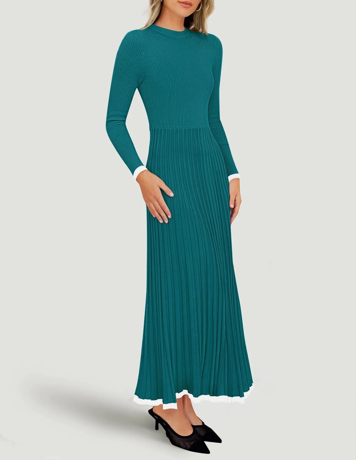 ZESICA Women's Long Sleeve Sweater Dress Fall Crewneck Ribbed Knit Pleated A-Line Maxi Wedding Guest Dresses