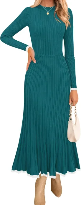 ZESICA Women's Long Sleeve Sweater Dress Fall Crewneck Ribbed Knit Pleated A-Line Maxi Wedding Guest Dresses