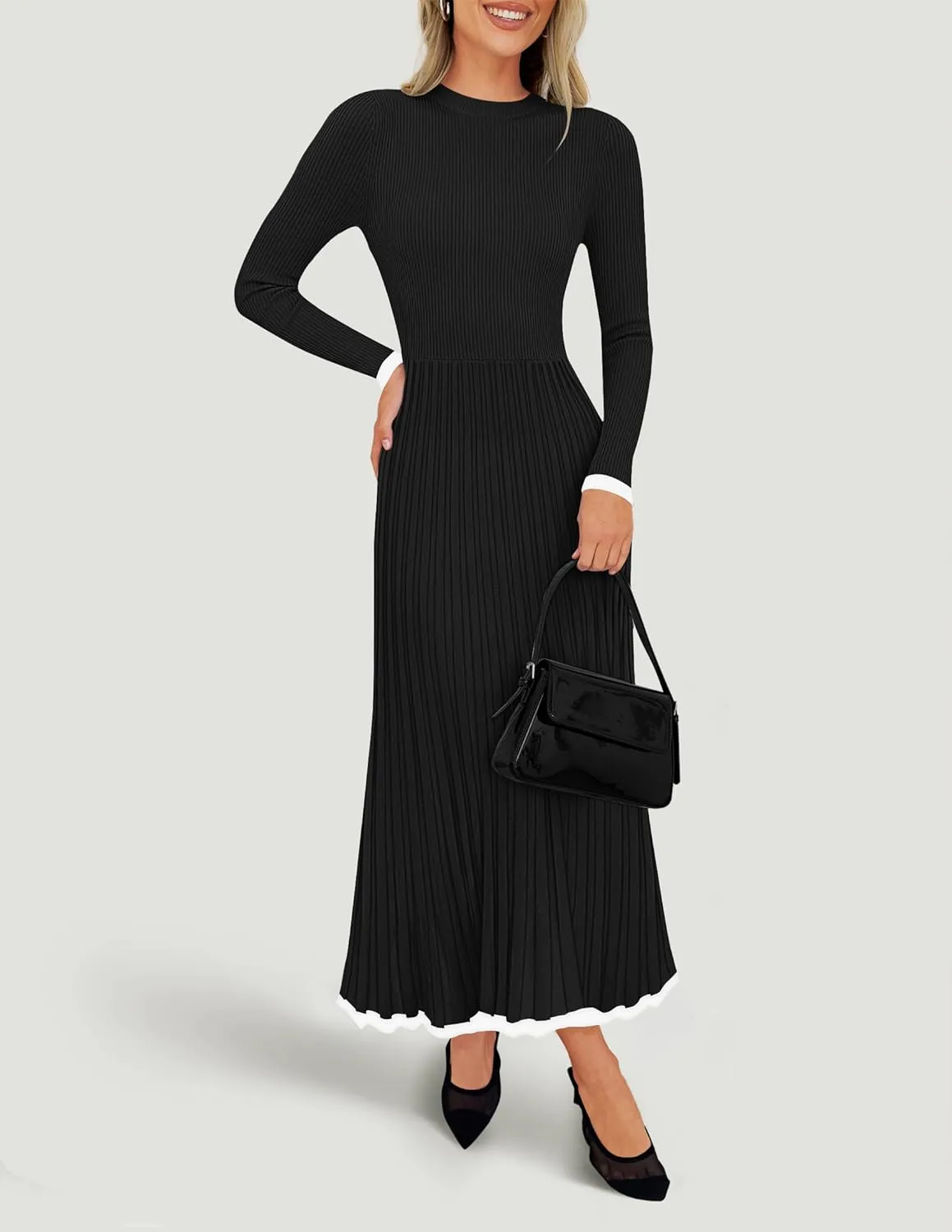 ZESICA Women's Long Sleeve Sweater Dress Fall Crewneck Ribbed Knit Pleated A-Line Maxi Wedding Guest Dresses