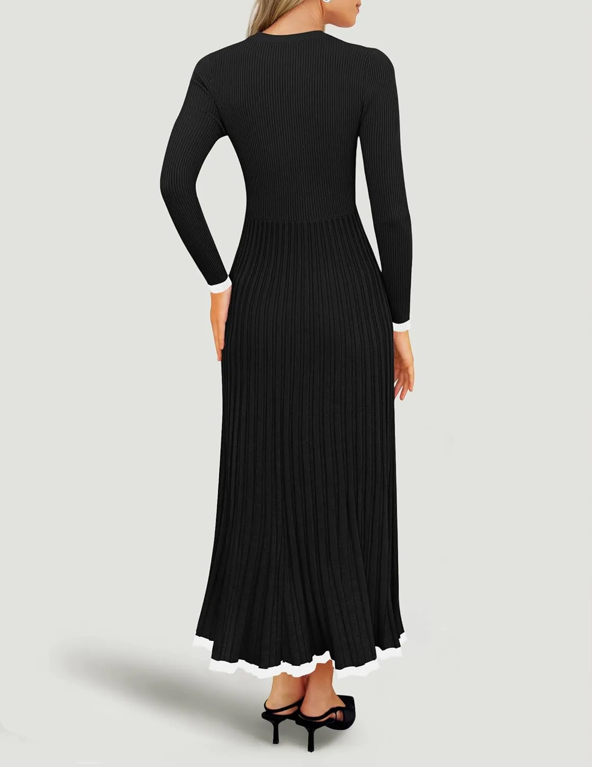 ZESICA Women's Long Sleeve Sweater Dress Fall Crewneck Ribbed Knit Pleated A-Line Maxi Wedding Guest Dresses