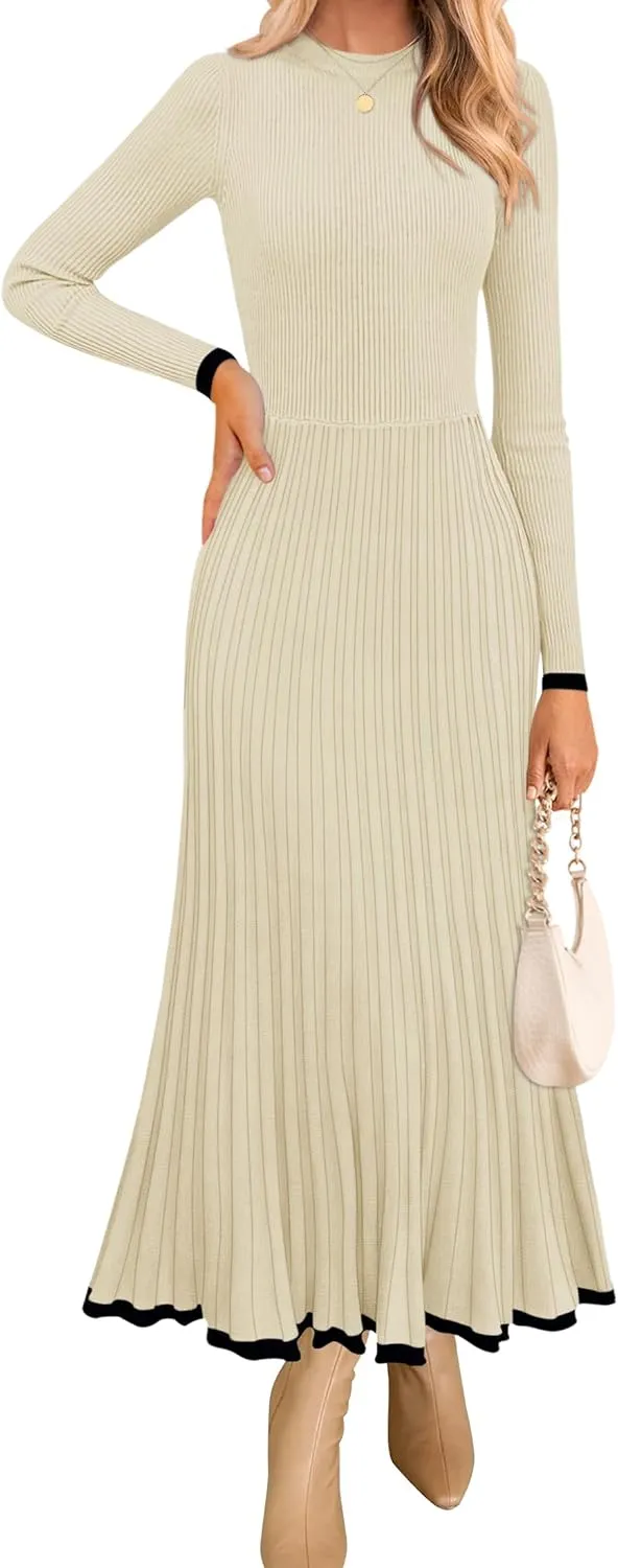 ZESICA Women's Long Sleeve Sweater Dress Fall Crewneck Ribbed Knit Pleated A-Line Maxi Wedding Guest Dresses