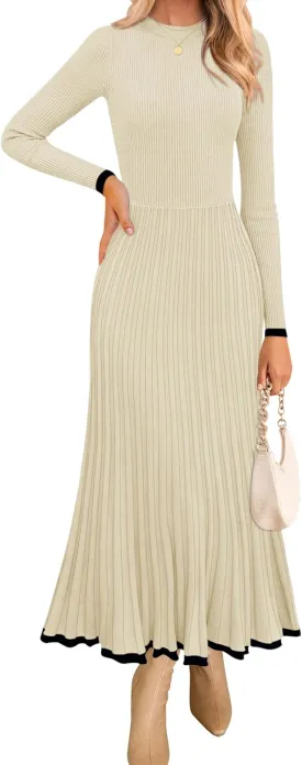 ZESICA Women's Long Sleeve Sweater Dress Fall Crewneck Ribbed Knit Pleated A-Line Maxi Wedding Guest Dresses