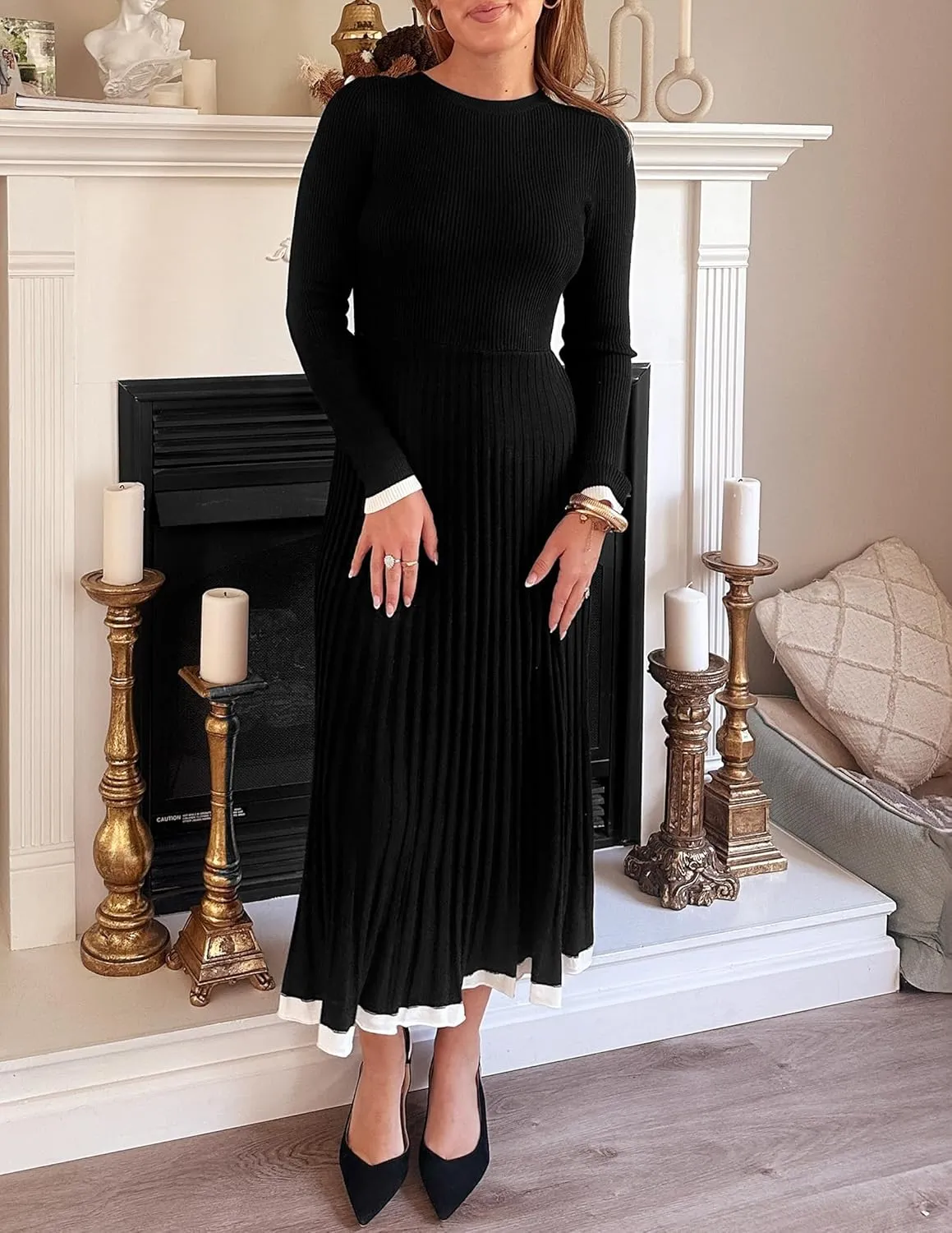 ZESICA Women's Long Sleeve Sweater Dress Fall Crewneck Ribbed Knit Pleated A-Line Maxi Wedding Guest Dresses