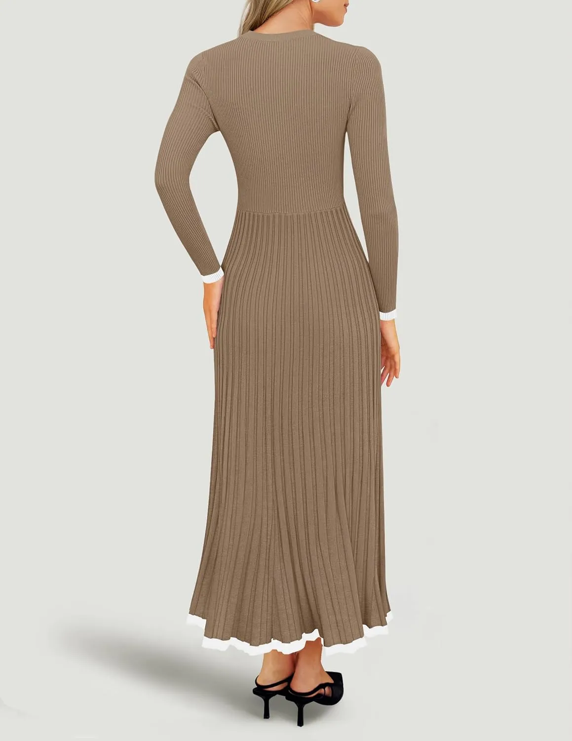 ZESICA Women's Long Sleeve Sweater Dress Fall Crewneck Ribbed Knit Pleated A-Line Maxi Wedding Guest Dresses