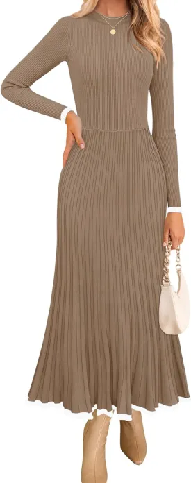 ZESICA Women's Long Sleeve Sweater Dress Fall Crewneck Ribbed Knit Pleated A-Line Maxi Wedding Guest Dresses
